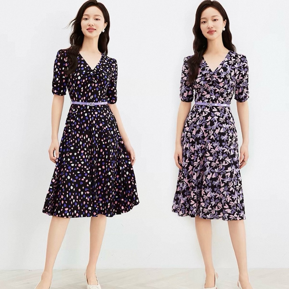 2 in 1 Double Side V-Neck Black Midi A-Line Dress with Pink & Purple Leaves/Dots